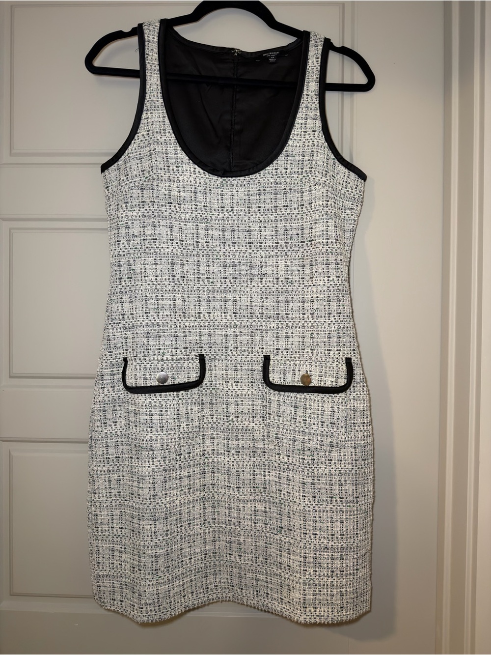 Sleeveless Tweed Shift Dress in White and Black